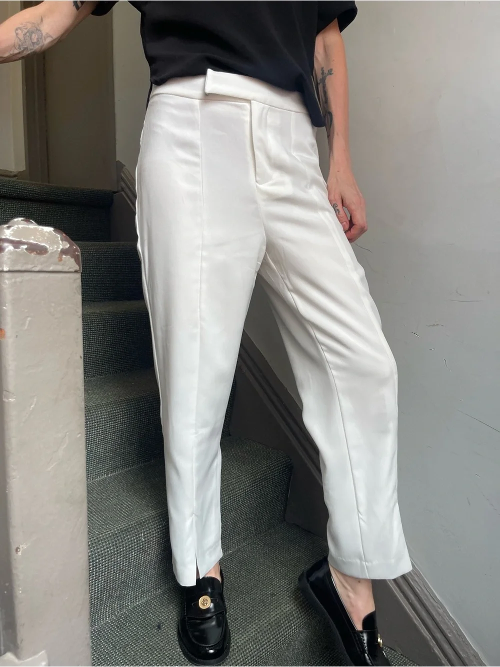 Cropped White Tailored Slit Hem Trousers